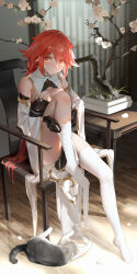 Rule 34 | 1girl, absurdres, alternate costume, black gloves, braid, breasts, cat, chair, china dress, chinese clothes, cleavage, commission, curtains, dress, full body, gloves, highres, indoors, knee up, long hair, looking at viewer, medium breasts, neptune (series), orange eyes, orange hair, pantyhose, second-party source, shin jigen game neptune vii, sitting, solo, tennouboshi uzume, thighhighs, toeless legwear, tree, very long hair, white thighhighs