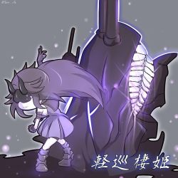 Rule 34 | 1girl, abyssal ship, black hair, character name, chibi, colored skin, commentary request, covered eyes, fake horns, grey background, guilty gear, horned headwear, horns, kantai collection, light cruiser princess, long hair, luci ole, mask, parody, teeth, twitter username, white skin