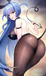 Rule 34 | 1girl, :d, absurdres, anchor, animal ears, arm strap, ass, azur lane, back, backless outfit, bare shoulders, black leotard, blue eyes, blue hair, bodysuit, breasts, cleavage, commentary request, cowboy shot, detached collar, from behind, heart, heart tail, highres, holding tail, large breasts, leaning forward, legs, leotard, long hair, looking at viewer, looking back, new jersey (azur lane), new jersey (exhilarating steps!) (azur lane), official alternate costume, open mouth, pantyhose, playboy bunny, rabbit ears, see-through, see-through cleavage, showerz, sleeveless, smile, solo, tail, thighs, very long hair, wrist cuffs