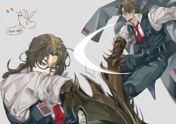 Rule 34 | 1boy, brown eyes, brown hair, cigarette, coat, crab claw, gregor (project moon), grey coat, highres, holding, holding clothes, holding coat, korean commentary, korean text, limbus company, necktie, project moon, rectangular eyewear, red necktie, redtears 04, short hair, solo focus