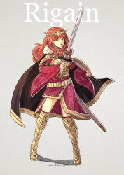 Rule 34 | 1girl, cape, celica (fire emblem), crown, english text, fire emblem, fire emblem echoes: shadows of valentia, fire emblem gaiden, full body, grey background, gzei, holding, long hair, nintendo, red eyes, red hair, simple background, solo, sword, weapon