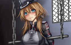 Rule 34 | 10s, 1girl, bdsm, blonde hair, blue eyes, blush, breasts, chain, hat, kantai collection, large breasts, long hair, long sleeves, low twintails, military, military uniform, monikano, peaked cap, prinz eugen (kancolle), restrained, solo, sweat, twintails, uniform