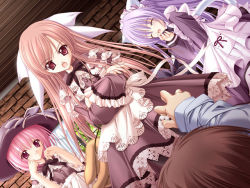 Rule 34 | 3girls, angry, animal ears, brown hair, cafe little wish, cat ears, closed eyes, crossed arms, dress, dutch angle, game cg, happy, hat, lily (cafe little wish), long hair, merun, merun (cafe little wish), mina (cafe little wish), multiple girls, orange hair, pink eyes, pink hair, purple hair, red eyes, ribbon, sah, short hair, smile, tinker bell (pixiv 10956015)