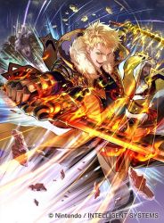 Rule 34 | 2boys, armor, axe, belt, belt buckle, black pants, blonde hair, buckle, coat, collar, debris, dual wielding, energy, faceless, faceless male, fire emblem, fire emblem awakening, fire emblem cipher, fireworks, fur collar, glowing, glowing eyes, holding, holding axe, holding sword, holding weapon, long coat, looking at viewer, male focus, multiple boys, night, night sky, nintendo, official art, open mouth, owain (fire emblem), pants, short hair, shoulder armor, sky, smile, star (sky), starry sky, suzuki rika, sword, vambraces, weapon, yellow coat, yellow eyes