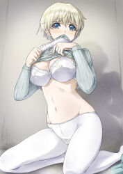 Rule 34 | 1girl, absurdres, blonde hair, blue eyes, blush, bra, brave witches, breasts, cleavage, clothes lift, highres, large breasts, lifting own clothes, looking at viewer, memory (prophet5), navel, nikka edvardine katajainen, pantyhose, short hair, solo, sweater, sweater lift, underwear, white bra, white pantyhose, world witches series