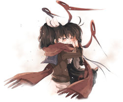 Rule 34 | 2girls, alternate costume, asymmetrical wings, black hair, blush, closed eyes, hand on another&#039;s cheek, hand on another&#039;s face, hat, hisona (suaritesumi), houjuu nue, multiple girls, murasa minamitsu, open mouth, scarf, short hair, simple background, smile, sweater, teeth, touhou, wings, yuri