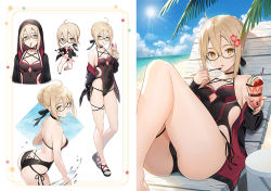 Rule 34 | 1girl, ahoge, artoria pendragon (fate), ass, bare shoulders, beach, black one-piece swimsuit, braid, braided bun, breasts, casual one-piece swimsuit, chair, crown braid, day, excalibur (fate/stay night), fate/grand order, fate (series), flower, food, glasses, hair bun, hair flower, hair ornament, hair ribbon, halterneck, hood, hoodie, ice cream, jacket, light brown hair, lounge chair, lying, mouth hold, multiple views, mysterious heroine x alter (fate), off shoulder, on back, one-piece swimsuit, open clothes, open jacket, outdoors, parted lips, ribbon, semi-rimless eyewear, short hair, side-tie swimsuit, sidelocks, single hair bun, small breasts, sundae, sunlight, swimsuit, tokki, under-rim eyewear, yellow eyes