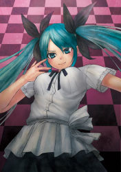 Rule 34 | 1girl, aqua hair, bad id, bad pixiv id, black ribbon, bow, breasts, buttons, checkered background, closed mouth, cowboy shot, from below, hair ribbon, hand on own face, hatsune miku, lace, long hair, looking at viewer, looking down, medium breasts, neck ribbon, outstretched arm, pleated skirt, ribbon, sash, shirt, short sleeves, shouhei, skirt, smile, solo, swept bangs, twintails, vocaloid, white bow, white shirt, white skirt, world is mine (vocaloid)