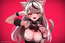 Rule 34 | 1girl, animal ear fluff, animal ears, arm cuffs, bandaged arm, bandages, bandaid, bandaid on arm, bandaid on face, bare shoulders, black collar, black hair, blush, bow, bowtie, breasts, cat ears, cat girl, cat tail, cleavage, collar, commentary request, company name, detached collar, ear piercing, extra ears, fangs, grey hair, hair ornament, hairclip, heart pendant, highres, holding, holding leash, hololive, large breasts, leash, long hair, looking at viewer, multicolored hair, namagome negi, official art, open mouth, paw pose, piercing, plaid, plaid bow, plaid bowtie, red background, red eyes, red nails, red ribbon, ribbon, sakamata chloe, sidelocks, smile, solo, streaked hair, sweat, tail, tearing up, virtual youtuber, white collar, wrist cuffs, x hair ornament