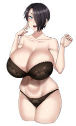 Rule 34 | 1girl, arms up, black panties, breasts, cleavage, curtain call challenge (meme), fangs, hair over one eye, highres, huge breasts, lingerie, mature female, meme, no pants, open clothes, open mouth, open shirt, panties, saya (twrlare), see-through, simple background, solo, tagme, thighs, twrlare, underwear, underwear only, white background