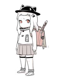 Rule 34 | 10s, 1girl, abyssal ship, adapted costume, alternate costume, backpack, bad id, bad twitter id, bag, bag charm, charm (object), colored skin, flute, hat, horns, instrument, kantai collection, looking at viewer, mo (kireinamo), name tag, northern ocean princess, pale skin, randoseru, recorder, red eyes, school bag, school hat, school uniform, short sleeves, simple background, solo, white hair, white skin