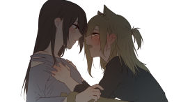 Rule 34 | 2girls, animal ears, bite mark, black shirt, blush, brown hair, cat ears, cat girl, cat tail, commentary request, crying, ear blush, from side, grabbing, grey shirt, hair over one eye, hands on another&#039;s chest, highres, holding, holding with tail, leaning forward, long hair, long sleeves, looking at another, looking at viewer, multiple girls, natsuyiro x, open mouth, original, parted lips, prehensile tail, profile, saliva, sharp teeth, shirt, short ponytail, simple background, sweat, tail, teeth, upper body, white background, yuri