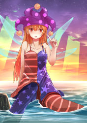 Rule 34 | 1girl, :d, adapted costume, alternate legwear, american flag dress, bad id, bad pixiv id, bare shoulders, blush, breasts, chemise, clownpiece, collarbone, fairy, fairy wings, hat, highres, index finger raised, jester cap, light rays, long hair, looking at viewer, md5 mismatch, ocean, open mouth, orange hair, pantyhose, partially submerged, polka dot, poyosuke, print pantyhose, red eyes, sky, small breasts, smile, solo, star (sky), star (symbol), starry sky, sunbeam, sunlight, touhou, wings