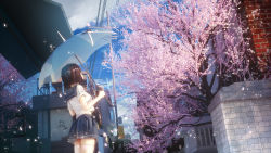 Rule 34 | 1girl, black hair, blue skirt, blue sky, bob cut, brick wall, cherry blossoms, cherry tree, chinese commentary, commentary, day, english commentary, from behind, highres, holding, meng xiao jiong, midriff peek, mixed-language commentary, original, outdoors, pleated skirt, power lines, railing, road, sailor collar, scenery, school uniform, serafuku, shirt, short sleeves, skirt, sky, solo, standing, street, thighhighs, umbrella, utility pole, vanishing point, white shirt, white thighhighs, zettai ryouiki