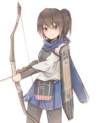 Rule 34 | 10s, 1girl, alternate costume, arrow (projectile), bow (weapon), brown eyes, brown hair, gloves, highres, kaga (kancolle), kantai collection, looking at viewer, muneate, nagi 099, pantyhose, partially fingerless gloves, partly fingerless gloves, pleated skirt, quiver, scarf, side ponytail, simple background, skirt, smile, solo, weapon, white background, yugake