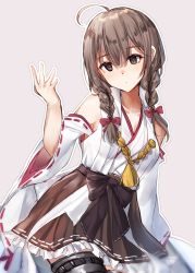 Rule 34 | 1girl, ahoge, braid, breasts, brown eyes, brown hair, brown skirt, cosplay, detached sleeves, frilled skirt, frills, hair between eyes, hair ribbon, highres, japanese clothes, kantai collection, kongou (kancolle), kongou (kancolle) (cosplay), long hair, medium breasts, miyasaka miyabi, nontraditional miko, outline, ribbon, ribbon-trimmed sleeves, ribbon trim, shinshuu maru (kancolle), simple background, skirt, solo, twin braids, white outline, wide sleeves