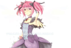 Rule 34 | 10s, 1girl, alternate color, bad id, bad pixiv id, bow, choker, dress, female focus, fingernails, foreshortening, hair bow, jewelry, kaname madoka, magical girl, mahou shoujo madoka magica, mahou shoujo madoka magica (anime), nail polish, nobunaga9, pendant, pink hair, short twintails, solo, soul gem, twintails, white background