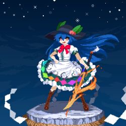 Rule 34 | 1girl, black headwear, blue hair, boots, bow, bowtie, brown footwear, commentary, frilled skirt, frills, full body, green skirt, highres, hinanawi tenshi, holding, holding sword, holding weapon, keystone, long hair, looking at viewer, outdoors, peach hat ornament, pixel art, rainbow order, red bow, red bowtie, red eyes, rope, ruru2koichi, shide, shimenawa, short sleeves, skirt, solo, standing, sword, sword of hisou, touhou, weapon
