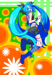 Rule 34 | 1girl, aqua eyes, aqua hair, belt, boots, electric guitar, guitar, hatsune miku, instrument, jewelry, jumping, long hair, looking back, necklace, open mouth, solo, striped clothes, striped thighhighs, thighhighs, tomabo, twintails, very long hair, vocaloid