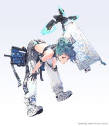 Rule 34 | 1girl, absurdres, aqua hair, back, bag, bare shoulders, bent over, black gloves, flying, gloves, gradient background, gun, half gloves, hands on own knees, highres, mecha, medium hair, open mouth, original, red eyes, robot, shoes, simple background, sneakers, sweat, urorong, weapon, white background