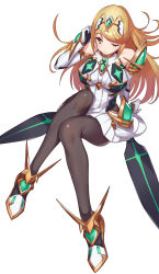 Rule 34 | 1girl, bare shoulders, black pantyhose, blonde hair, breasts, chest jewel, elbow gloves, full body, gem, gloves, green322, headpiece, highres, jewelry, large breasts, legs, long hair, mythra (massive melee) (xenoblade), mythra (xenoblade), nintendo, pantyhose, simple background, solo, spirit (super smash bros.), super smash bros., swept bangs, tiara, white background, white gloves, xenoblade chronicles (series), xenoblade chronicles 2, yellow eyes