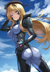 Rule 34 | 1girl, armored bodysuit, ass, baldr sky, black bodysuit, blonde hair, blue bodysuit, blue eyes, bodysuit, breasts, covered erect nipples, fortified suit, hand on own hip, hat, headgear, highres, impossible bodysuit, impossible clothes, kirishima rain, kurione (zassou), long hair, looking at viewer, medium breasts, muv-luv, muv-luv alternative, shiny clothes, solo, standing, two-tone bodysuit, wind, wind lift