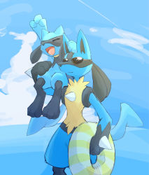 Rule 34 | 2boys, animal ears, animal feet, animal hands, arm up, black fur, blue fur, blue sky, blue theme, body fur, child, closed mouth, cloud, creatures (company), day, expressionless, feet, furry, furry male, game freak, gen 4 pokemon, hand on another&#039;s head, happy, highres, holding, holding swim ring, horizon, innertube, lucario, male focus, multicolored fur, multiple boys, nintendo, ocean, open mouth, outdoors, outstretched arm, pokemon, pokemon (creature), riolu, sitting on arm, sky, smile, snout, spikes, standing, sukasshu (mroooo), sunglasses, swim ring, tail, water, wolf boy, wolf ears, wolf tail, yellow fur