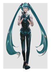 Rule 34 | 1girl, ^ ^, absurdres, aqua hair, aqua necktie, black pants, closed eyes, commentary, full body, gloves, grey background, hair ornament, hatsune miku, headset, highres, necktie, pants, shirt, simple background, sleeves rolled up, smile, solo, symbol-only commentary, torinodesu4, twintails, vocaloid, waistcoat, white shirt