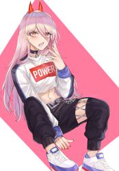 Rule 34 | 1girl, absurdres, belt, between legs, black choker, black pants, blonde hair, chain, chainsaw man, choker, clothes writing, crop top, cross-shaped pupils, cutoffs, earrings, hair between eyes, hand up, highres, horns, jewelry, kanniiepan, long hair, long sleeves, looking at viewer, midriff, nail polish, navel, open mouth, orange eyes, pants, power (chainsaw man), shirt, shoes, sitting, slit pupils, solo, symbol-shaped pupils, white footwear, white shirt