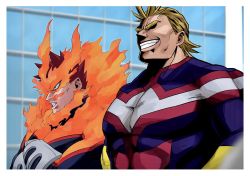 Rule 34 | 2boys, all might, antenna hair, bad id, bad twitter id, beard, blonde hair, blue bodysuit, blue eyes, bodysuit, boku no hero academia, bracer, covered abs, endeavor (boku no hero academia), facial hair, fire, from side, grin, highres, kei (ahan uhun 345), large pectorals, male focus, mature male, multiple boys, muscular, muscular male, pectorals, red hair, scar, scar across eye, scar on face, short hair, sideburns, smile, spiked hair, upper body