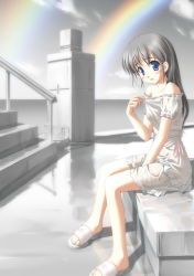 Rule 34 | 1girl, blue eyes, feet, female focus, grey hair, long hair, looking at viewer, no bra, original, outdoors, rainbow, sandals, see-through, sitting, smile, solo, spot color, takoyaki (roast), wet, wet clothes