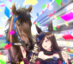 Rule 34 | 1girl, absurdres, animal ears, blush, breasts, cheesecake (artist), commentary request, confetti, crying, hair over one eye, hat, highres, horse, horse ears, horse girl, long hair, purple eyes, racetrack, real life, rice shower (racehorse), rice shower (umamusume), small breasts, takarazuka kinen, umamusume
