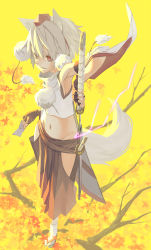 1girl animal_ears autumn_leaves detached_sleeves fangs female_focus groin hat highres inubashiri_momiji leaf navel ofuda pom_pom_(clothes) red_eyes scabbard seu_kaname sheath sheathed short_hair skirt solo sword tail tokin_hat touhou unsheathing weapon white_hair wolf_ears wolf_tail