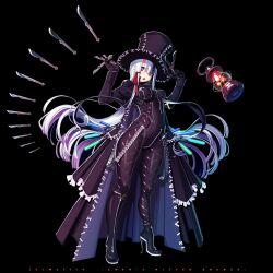 Rule 34 | 1girl, asymmetrical footwear, black background, black coat, black gloves, black hair, blue eyes, bodysuit, coat, colored inner hair, eden&#039;s ritter grenze, full body, gloves, hat, high heels, highres, holding scalpel, kneehighs, lantern, looking at viewer, multicolored hair, open clothes, open coat, purple hair, ritter belphegor, sakuya tsuitachi, scalpel, single kneehigh, single sock, skin tight, socks, solo, streaked hair, symbol-shaped pupils, top hat, vial, white hair