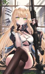Rule 34 | 1girl, absurdres, assault rifle, atelier (series), atelier ryza, atelier ryza 1, bare shoulders, belt, black jacket, black shorts, blonde hair, braid, breasts, brown gloves, brown thighhighs, buttons, cleavage, closed mouth, commission, criss-cross halter, crop top, cropped jacket, crossed legs, fingerless gloves, gloves, green eyes, gun, hairband, halterneck, hands up, highleg, highres, holding, holding gun, holding weapon, jacket, kei myoho, klaudia valentz, large breasts, long hair, long sleeves, looking at viewer, midriff, off shoulder, open clothes, open jacket, pixiv commission, revealing clothes, rifle, shirt, short shorts, shorts, sitting, sleeveless, sleeveless shirt, slit pupils, smile, solo, spaghetti strap, stomach, thighhighs, thighs, underboob, very long hair, weapon, white shirt