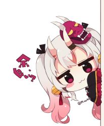 Rule 34 | 1girl, :3, bell, blush stickers, chibi, closed mouth, gradient hair, hair bell, hair ornament, hololive, horns, jingle bell, long sleeves, looking at viewer, mask, mask on head, multicolored hair, muuran, nakiri ayame, nakiri ayame (1st costume), oni, oni mask, peeking out, pink hair, purple eyes, simple background, skin-covered horns, sleeves past fingers, sleeves past wrists, solo, twitter username, virtual youtuber, white background