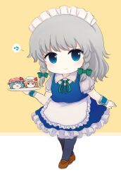 Rule 34 | 3girls, apron, black eyes, black thighhighs, blue dress, blue eyes, blue hair, blush, blush stickers, border, bow, bowtie, braid, brown footwear, closed eyes, closed mouth, collared shirt, commentary request, dress, fang, flandre scarlet, frills, full body, green bow, green bowtie, grey hair, hair between eyes, hair bow, hand up, hat, hat ribbon, holding, holding tray, izayoi sakuya, looking away, looking to the side, maid, maid headdress, mob cap, multiple girls, musical note, one side up, open mouth, orange hair, outside border, pink headwear, puffy short sleeves, puffy sleeves, red ribbon, rei (tonbo0430), remilia scarlet, ribbon, shirt, shoes, short hair, short sleeves, siblings, simple background, sisters, smile, speech bubble, spoken musical note, thighhighs, touhou, tray, twin braids, white apron, white border, white headwear, white shirt, wrist cuffs, yellow background, yukkuri shiteitte ne