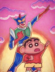 Rule 34 | arm up, bodysuit, bright pupils, child, clenched hand, cloud, crayon shin-chan, faux traditional media, fuko-maybe, helmet, highres, male focus, no nose, nohara hiroshi, nohara shinnosuke, open mouth, pink sky, red shirt, sentai, shirt, shorts, sky, socks, sunset, thick eyebrows, white pupils, white socks, yellow shorts