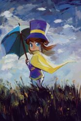Rule 34 | a hat in time, blue eyes, brown hair, cloud, cloudy sky, flower, grass, hat, hat kid, jenna brown, official art, parody, ponytail, sky, solo, top hat, umbrella