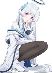 Rule 34 | 1girl, absurdres, black pantyhose, blue archive, blue necktie, blunt bangs, boots, collared shirt, finger to mouth, formal, grey hair, halo, headphones, highres, jacket, long hair, long sleeves, looking at viewer, necktie, noa (blue archive), off shoulder, olecafe2, pantyhose, pleated skirt, purple eyes, school uniform, shirt, shushing, skirt, smile, solo, squatting, suit, very long hair, white background, white footwear, white jacket, white shirt, white skirt