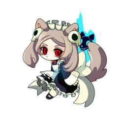 Rule 34 | 1girl, animal ears, apron, bloody marie (skullgirls), chibi, dog ears, fluffy, hair ornament, headdress, maid, maid headdress, maid, red eyes, silver hair, skull, skull hair ornament, skull heart, skullgirls, tail, twintails