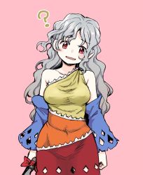 Rule 34 | 1girl, ?, bare shoulders, blue sleeves, breasts, detached sleeves, dra (area-s), dress, grey hair, head tilt, highres, long hair, looking at viewer, multicolored clothes, multicolored dress, open mouth, pink background, red eyes, sakata nemuno, single strap, solo, touhou, wavy hair