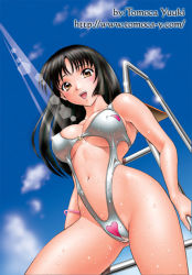 Rule 34 | 1girl, bare shoulders, bikini, black hair, bracelet, breasts, brown eyes, cameltoe, cloud, curvy, day, from below, glaring, groin, heart, jewelry, large breasts, lens flare, navel, one-piece swimsuit, open mouth, skin tight, slingshot swimsuit, smile, solo, spandex, sunlight, swimsuit, underboob, wet, yuuki tomoka