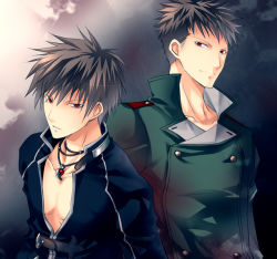 Rule 34 | 2boys, belt, ben hyuga, black hair, buttons, closed mouth, coat, collarbone, double-breasted, jewelry, light frown, light smile, long sleeves, looking at viewer, magatama, male focus, multiple boys, necklace, pendant, red eyes, shadow hearts, shadow hearts ii, upper body, vanilla (artist), vanilla (nicolla), yuri hyuga