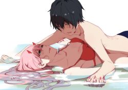 Rule 34 | 10s, 1boy, 1girl, artist name, bikini, bikini top only, black hair, black male swimwear, black swim trunks, blue eyes, blush, breast press, breasts, chenaze57, chinese commentary, cleavage, collarbone, commentary request, couple, darling in the franxx, floating hair, green eyes, hand on another&#039;s arm, hetero, highres, hiro (darling in the franxx), holding hands, horns, interlocked fingers, long hair, looking at another, lying, lying on person, male swimwear, medium breasts, nail polish, no panties, on back, on stomach, oni horns, partially submerged, pink hair, red bikini, red horns, red nails, short hair, swim trunks, swimsuit, topless male, water, wet, zero two (darling in the franxx)