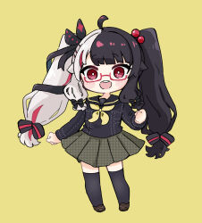 Rule 34 | 1girl, :d, ahoge, black hair, black ribbon, black sailor collar, black shirt, black thighhighs, blush, brown footwear, brown skirt, chibi, clenched hands, commentary request, cosplay, full body, glasses, grey hair, hair bobbles, hair ornament, hair ribbon, highres, loafers, long hair, long sleeves, looking at viewer, multicolored hair, neckerchief, nijisanji, nozo (hitomiz), open mouth, persona, persona 4, pleated skirt, red-framed eyewear, red eyes, red hair, ribbon, sailor collar, school uniform, semi-rimless eyewear, serafuku, shirt, shoes, sidelocks, simple background, skirt, smile, solo, standing, streaked hair, teeth, thighhighs, twintails, two-tone hair, under-rim eyewear, upper teeth only, very long hair, virtual youtuber, yasogami school uniform, yellow background, yellow neckerchief, yorumi rena