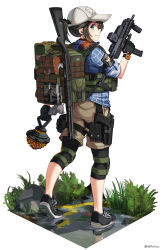 Rule 34 | 1girl, absurdres, axe, backpack, bag, baseball cap, benelli m4 super 90, black footwear, black hair, black leggings, blue shirt, brown shorts, caution tape, closed mouth, commentary request, earpiece, green eyes, gun, h&amp;k mp7, hand up, hat, hatchet (axe), highres, holding, holding gun, holding weapon, leggings, looking at viewer, looking back, machine pistol, ndtwofives, original, personal defense weapon, ponytail, profile, pump-action shotgun, pump action, shallow water, shirt, shoe soles, shoes, short shorts, short sleeves, shorts, shotgun, smile, solo, submachine gun, water, weapon, weapon request, white background, white hat