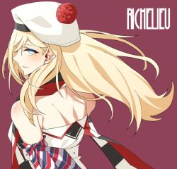 Rule 34 | 1girl, asakawa (outeq), beret, blonde hair, blue eyes, blush, commentary request, dress, hat, kantai collection, long hair, looking at viewer, looking back, mole, mole under eye, mole under mouth, parted lips, pom pom (clothes), richelieu (kancolle), simple background, solo, strapless, upper body