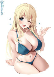 Rule 34 | 1girl, atago (kancolle), bikini, blonde hair, blue bikini, blue eyes, breasts, cleavage, collarbone, cowboy shot, ebifurya, highres, kantai collection, large breasts, long hair, navel, one-hour drawing challenge, one eye closed, open mouth, smile, solo, stomach, swimsuit, thighs, twitter username, white background