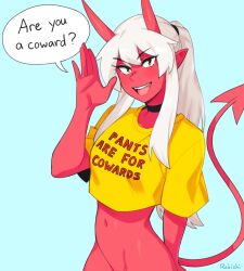 Rule 34 | 1girl, artist name, black choker, bottomless, breasts, choker, clothes writing, colored skin, commentary, demon girl, demon horns, demon tail, english commentary, english text, grey hair, hair between eyes, hand up, highres, horns, li (rob ishi), long hair, looking at viewer, navel, open mouth, original, pointy ears, ponytail, red horns, red skin, rob ishi, shirt, small breasts, smile, solo, speech bubble, tail, white hair, yellow shirt